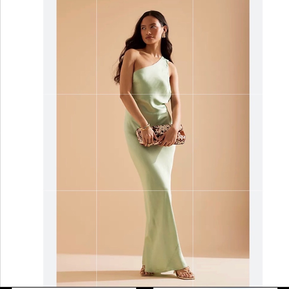 Anthropology The Lily one-shoulder Green Satin Maxi Dress Size L